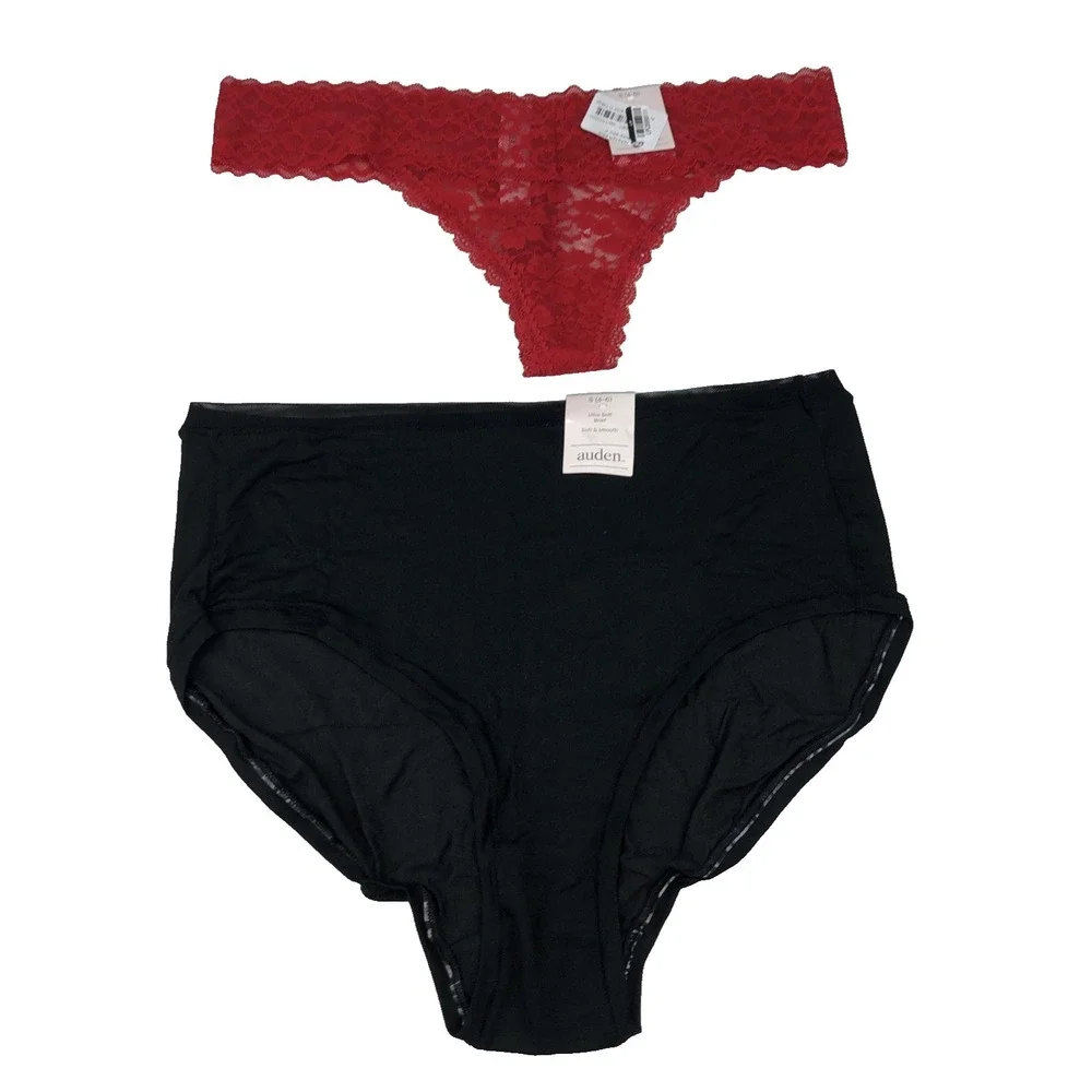 Auden Women's Panties Small 4-6 Ripe Red Lace Thong & Black Ultra Soft Brief NWT